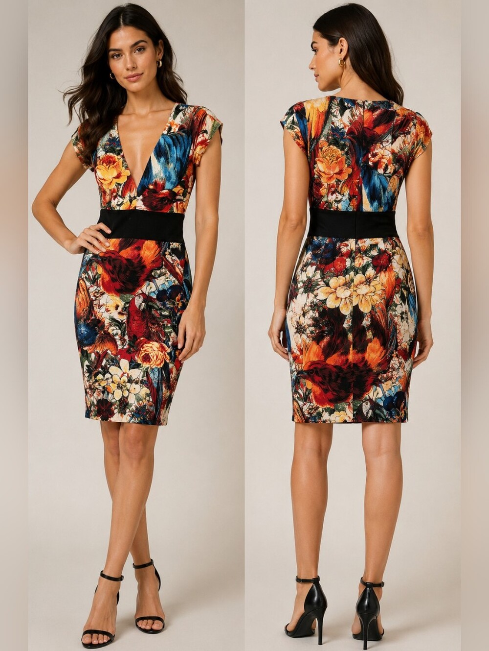 Just Cavalli Bird & Floral Print Bodycon Sheath Dress US 8 Made in Italy